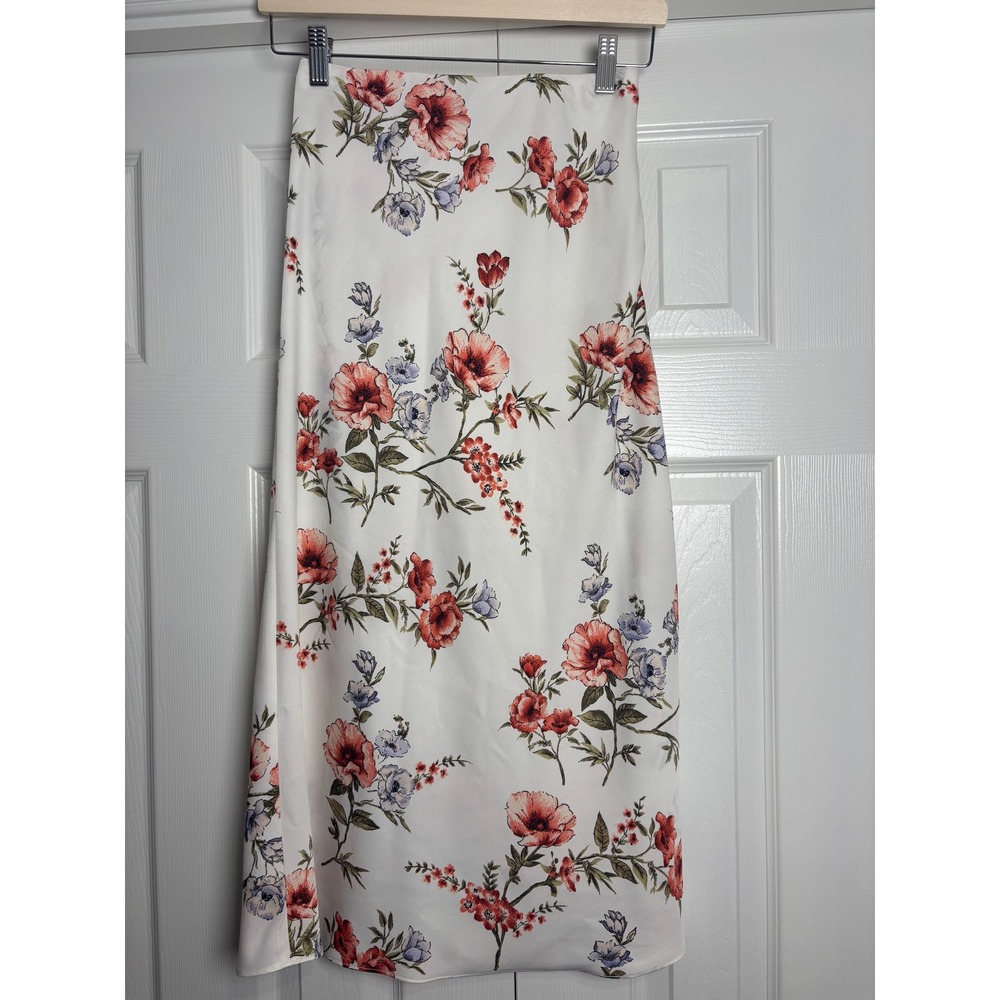Forever 21 Floral Satin Midi Skirt White Red Purple Small Botanical Print